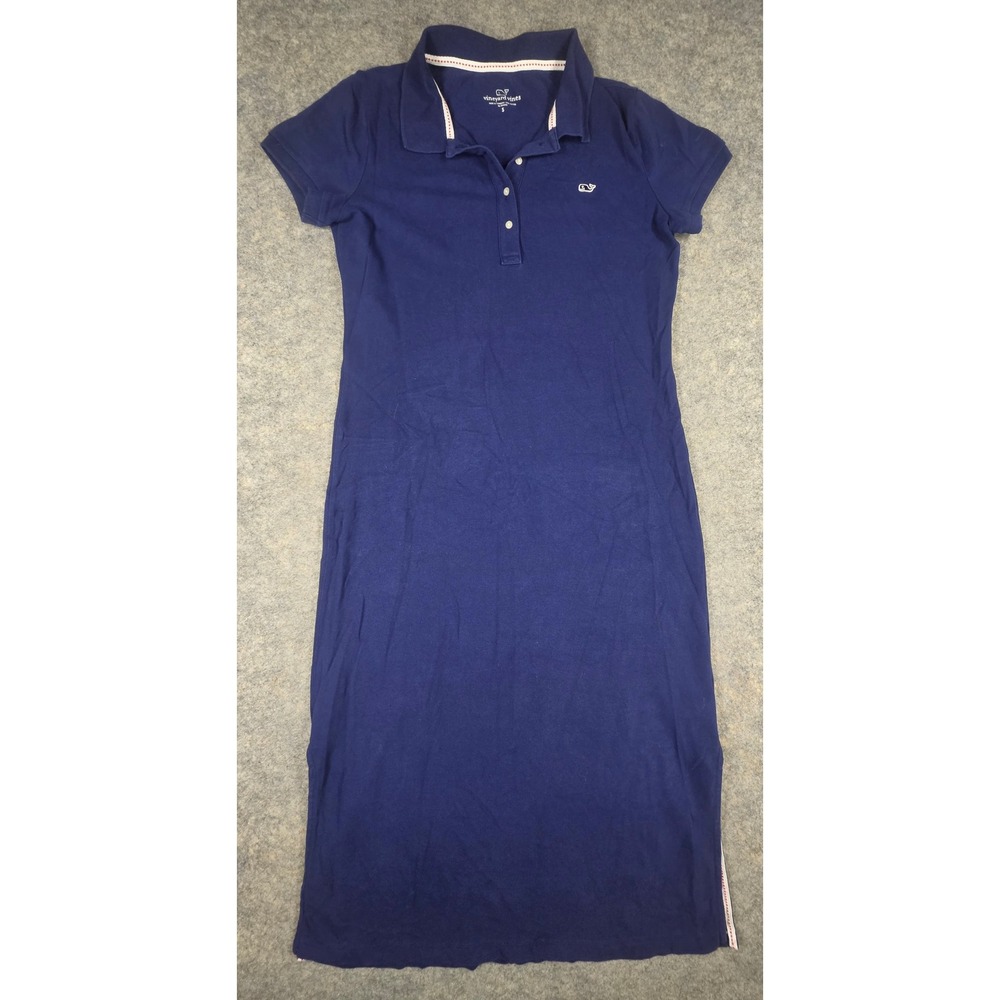 Vineyard Vines Navy Blue Short Sleeve Polo Midi Dress Whale Logo Long Size S